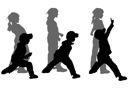 drawing girl and boy in motion. Silhouette on white backgroundのイラスト素材
