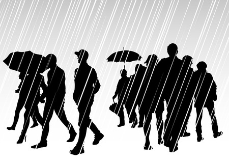 drawing groups of people with umbrellas on rainのイラスト素材