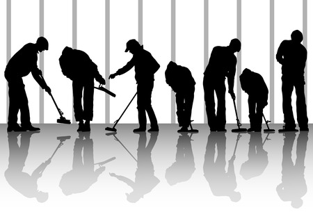  image of man, sweeping leaves. Silhouette of work peopleのイラスト素材