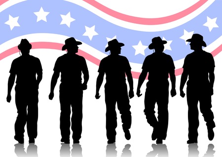 Vector drawing of people in cowboy hats. Silhouettes on white backgroundのイラスト素材
