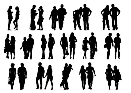 drawing couples on the walk. Silhouettes on white backgroundのイラスト素材