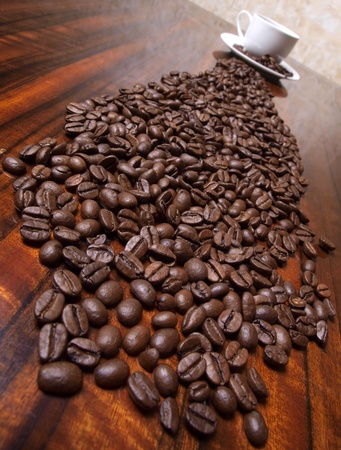 Color photo of coffee beans and a white cup       の写真素材