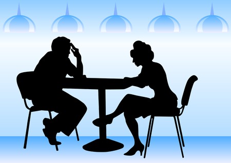 Vector drawing people in cafes. Silhouettes of people in urban lifeのイラスト素材