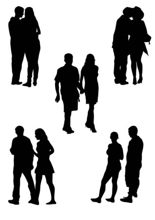 Vector drawing couples on the walk. Silhouettes on white backgroundのイラスト素材