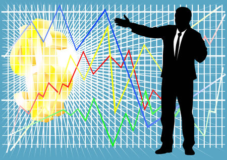 Vector drawing head of business during working hours. Graphs and chartsのイラスト素材