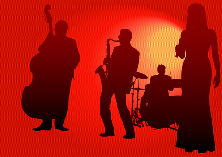 Vector drawing concert of jazz music. Silhouettes on color backgroundのイラスト素材