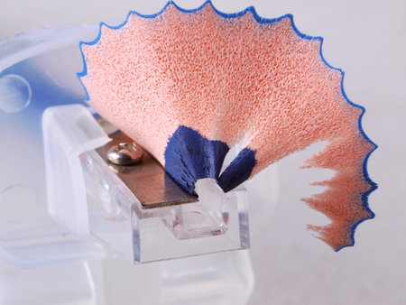 Color photo of a blue pencils and sharpener       の写真素材