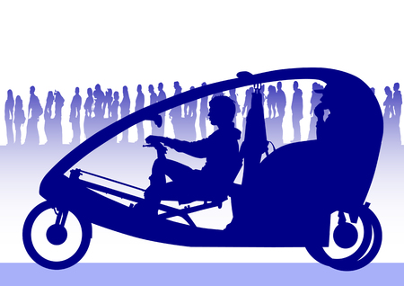 Vector image of people on velomobile on background of crowdのイラスト素材