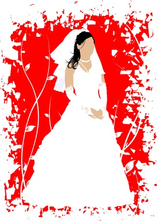 image of bride in a white dress against a background of branchesのイラスト素材