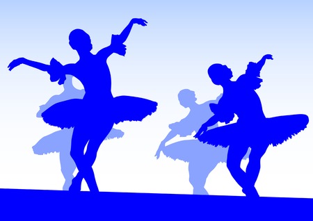 drawing of ballerinas dancing on blue stageのイラスト素材