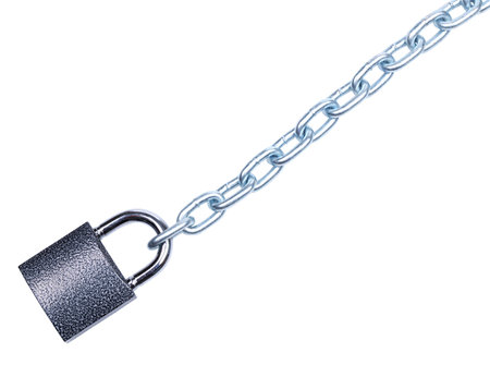 Color photo of a padlock with chain on white background      