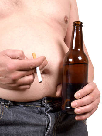 a fat man with a beer and a cigarette      の写真素材