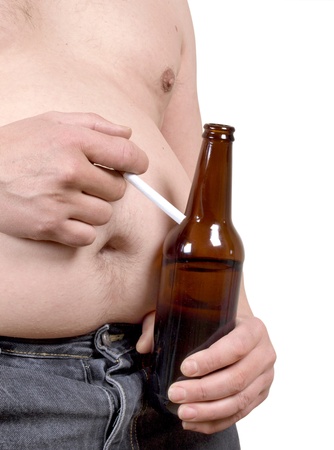 a fat man with a beer and a cigarette       の写真素材