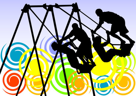 Vector image of people on a swing against backdrop of a rainbowのイラスト素材