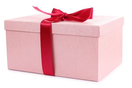 Color photo of a box and red ribbonの写真素材