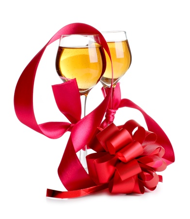 Color photo of wine glasses and a red ribbonの写真素材