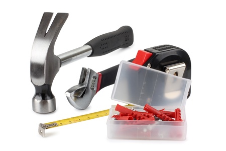 Color photo of work tools in whiteの写真素材