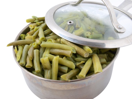 Color photo of green beans in a metal pan      の写真素材