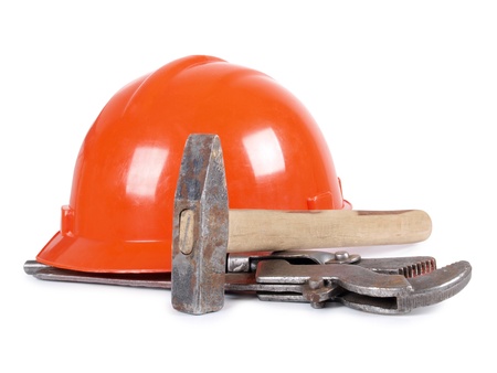 Color photo of a wrench and helmet      の写真素材