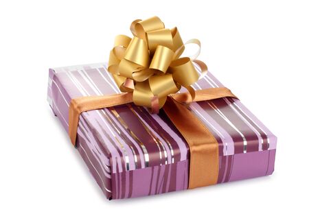 Color photo of a box and gold ribbonの写真素材