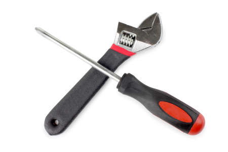 Color photo of a screwdriver and wrenchの写真素材