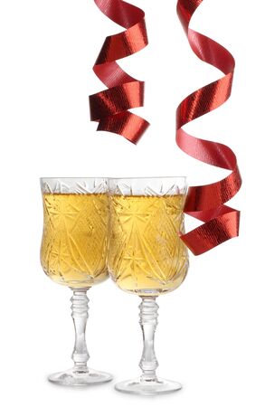 Color photo of wine glasses and a red ribbonの写真素材