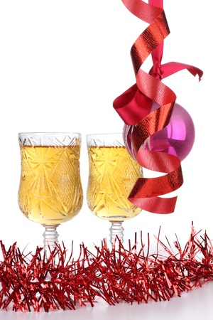 Color photo of Christmas toys and wineglassesの写真素材