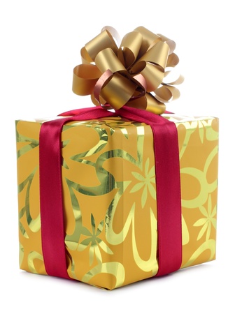 Color photo of a box and red ribbonの写真素材