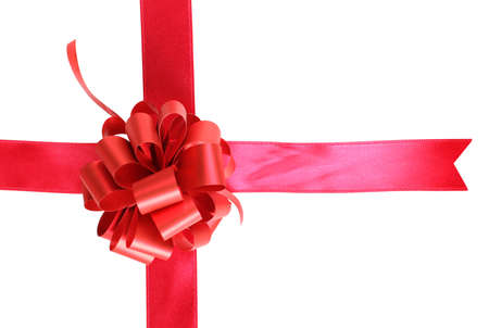 Color photo of a bow on red ribbonの写真素材