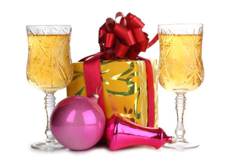 Color photo of christmas toys and wineglassesの写真素材