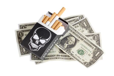 Color photo of a pack of cigarettes and moneyの写真素材