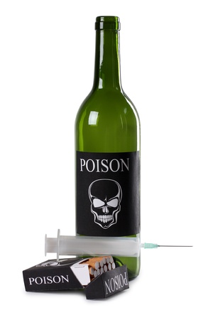 Color photo of a pack of cigarettes and a bottle of wineの写真素材