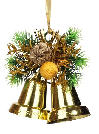 Color photo of golden bells and branches of pine needlesの写真素材