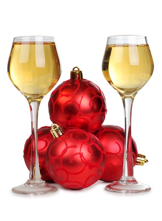 Color photo of christmas toys and wineglassesの写真素材