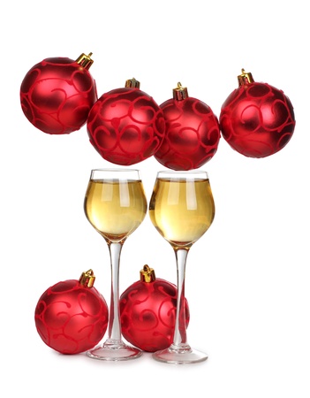 Color photo of christmas toys and wineglassesの写真素材