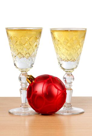 Color photo of christmas toys and wineglassesの写真素材