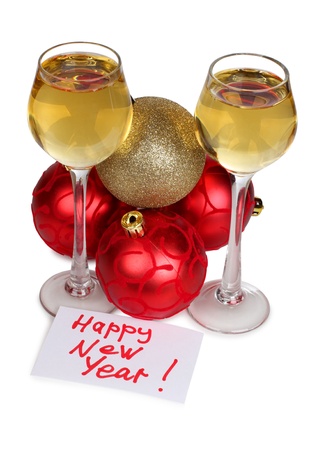 Color photo of christmas toys and wineglassesの写真素材