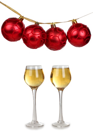 Color photo of christmas toys and wineglassesの写真素材