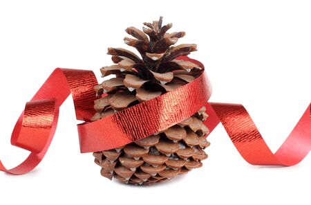 Color photo of a large fir cones and ribbonの写真素材