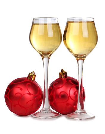 Color photo of christmas toys and wineglassesの写真素材