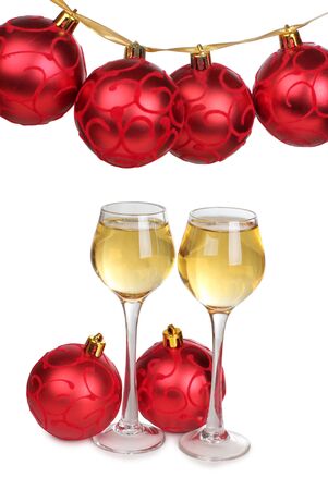 Color photo of christmas toys and wineglassesの写真素材