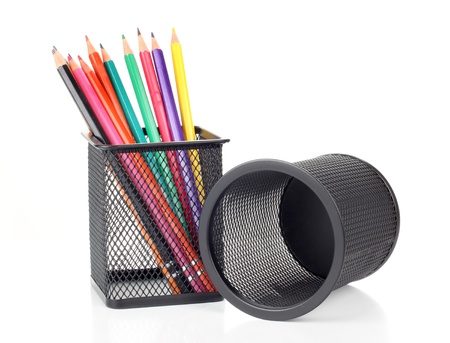 Color photo of pencils in a metal cupの写真素材