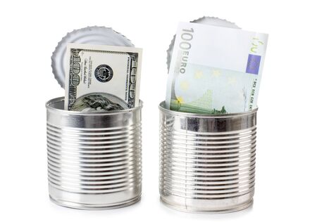 Color photograph of metal cans and paper moneyの写真素材