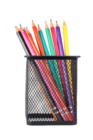 Color photo of pencils in a metal cupの写真素材