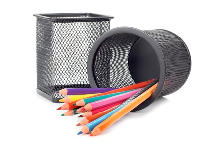 Color photo of pencils in a metal cupの写真素材