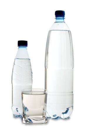 Color photo of glasses and bottles of waterの写真素材