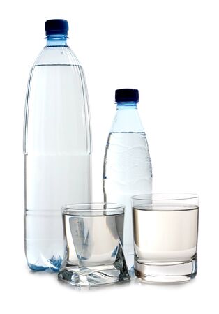 Color photo of glasses and bottles of waterの写真素材