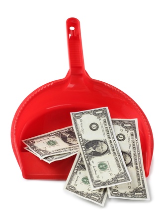 Color photo of a red scoop and paper moneyの写真素材