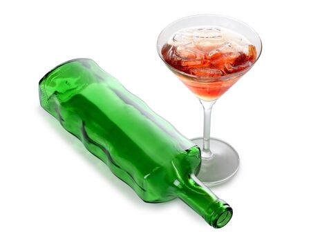 Color photograph of cocktails in glass beakers and bottleの写真素材