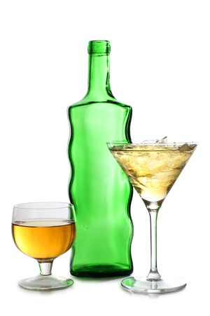 Color photograph of cocktails in glass beakers and bottleの写真素材